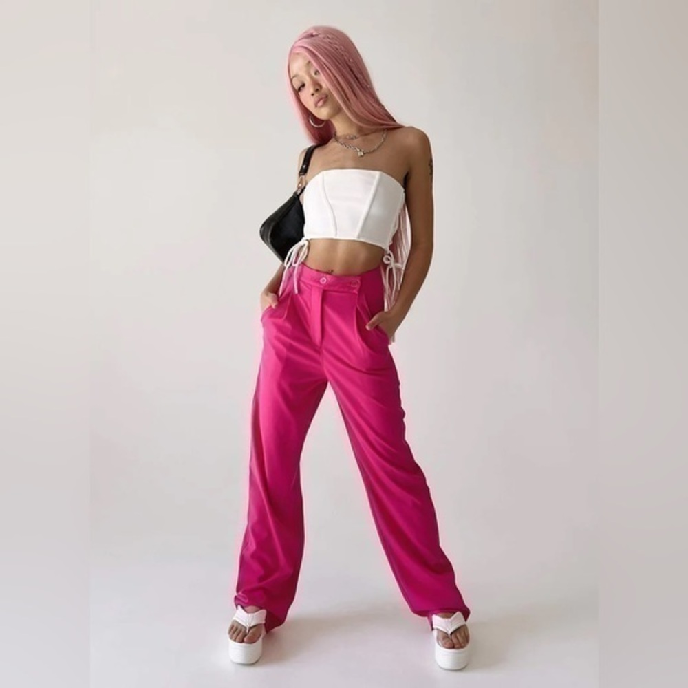 NWT Princess Polly Lottie High Waist Relaxed Fit Barbie Pink Trousers Pants 2